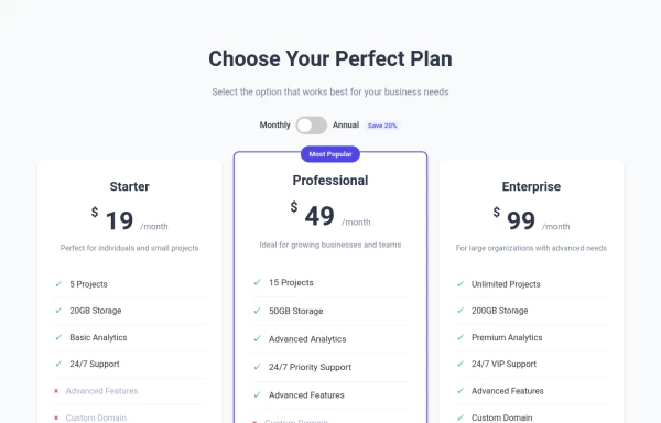 Clean Pricing cards with toggle switch for monthly and yearly plans