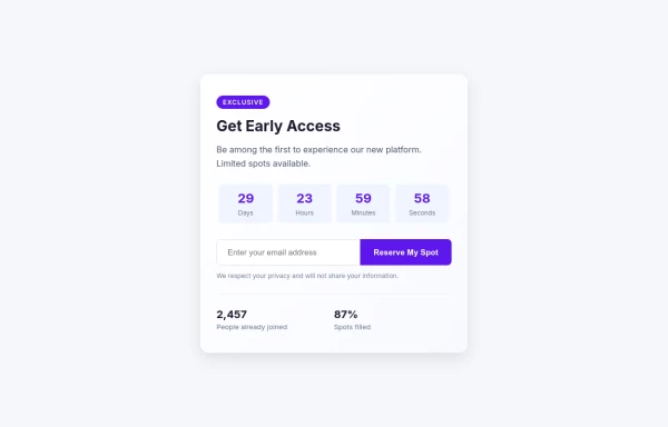 Early Access Signup Card with Countdown Timer