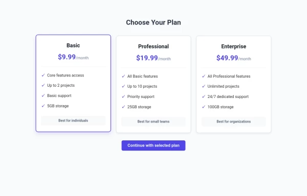 Elegant Pricing Plan Selector with Radio Buttons