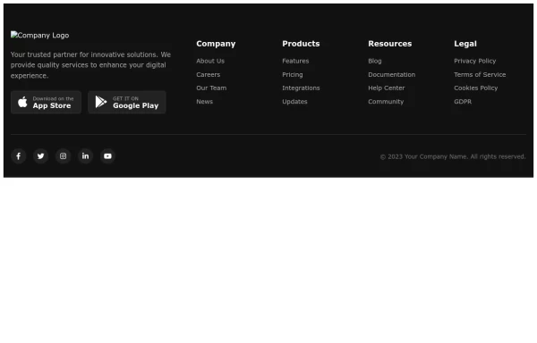 Footer with App Download Buttons and Branding