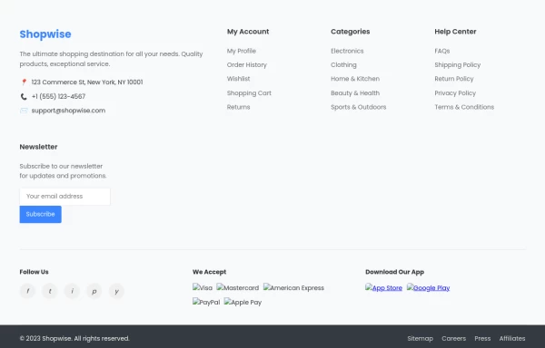 Modern eCommerce Footer with Multiple Sections