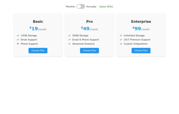 Pricing Tier Cards with Animated Toggle