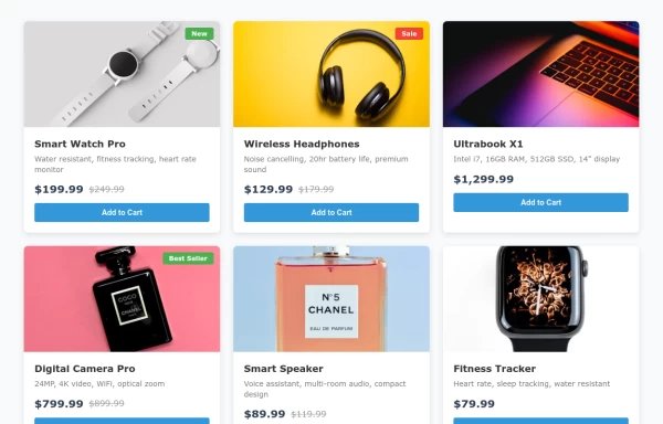 Responsive Product Card Grid with Image and Pricing Details
