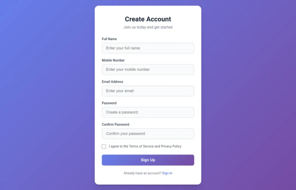 Responsive Sign-Up Form with Gradient Button and Validation