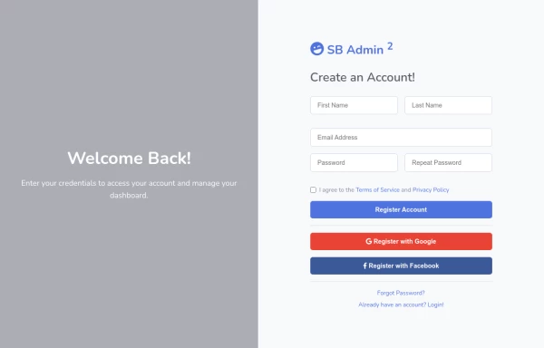 SB Admin 2 Inspired Split Authentication Screen
