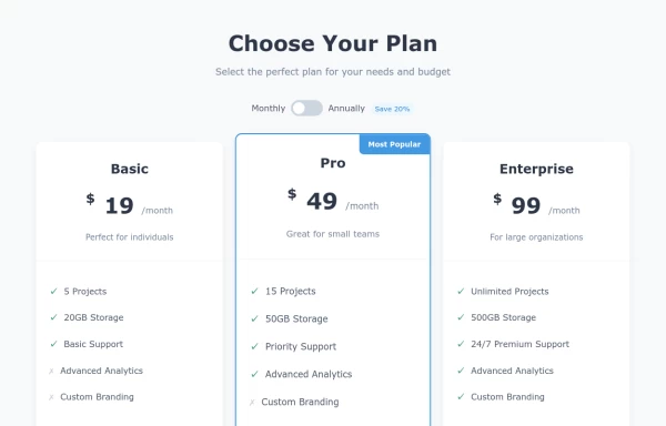 Tiered Pricing Table for Subscription Services